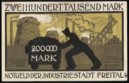 Notgeld Freital 1923, 200000 Mark, Industrieszene mit Kumpel und Förderturm