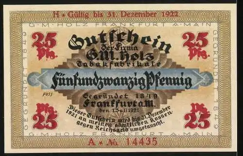 Notgeld Frankfurt am Main 1921, 25 Pfennig, Tabakfabrikate G.M. Holz mit Wolfsmotiv und Gültigkeit bis 31. Dezember 1922