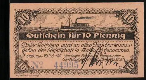 Notgeld Flensburg 1920, 10 Pfennig, Vereinigte Flensburger-Ekensunder-Sonderburger Dampfschiffs-Gesellschaft