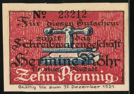 Notgeld Flensburg 1921, 10 Pfennig, Adler-Drogerie Otto Röhr - Gültig bis 31. Dezember 1921