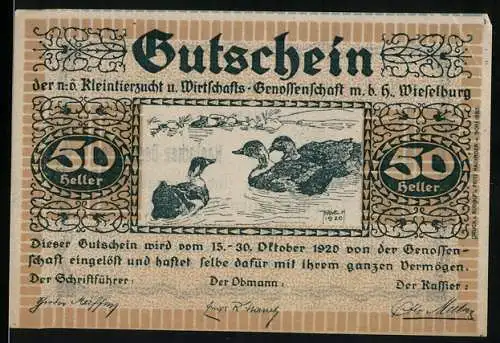 Notgeld Wieselburg 1920, 50 Heller, Kleintierzucht- und Wirtschafts-Genossenschaft mit Entenmotiv