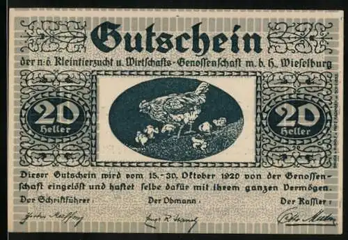 Notgeld Wieselburg 1920, 20 Heller, Gutschein der Kleintierzucht u. Wirtschafts-Genossenschaft m.b.H. G. Wieselburg