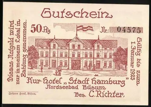 Notgeld Büsum, 1923, 50 Pf, Kur-Hotel Stadt Hamburg, Nordseebad Büsum, Bes. C. Richter, Gültig bis 13. Januar 1923