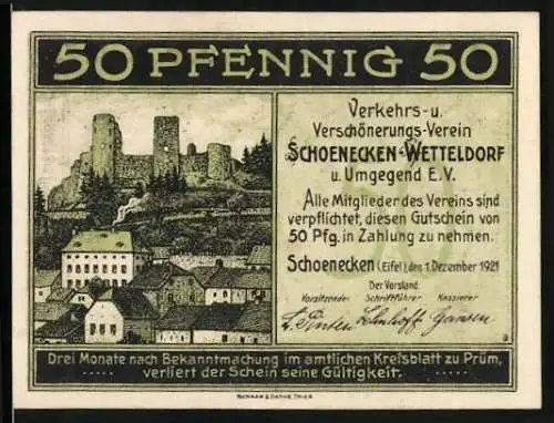 Notgeld Schoenecken-Wetteldorf 1921, 50 Pfennig, Verkehr- & Verschönerungs-Verein, Burg und Osterbrauch-Abbildung