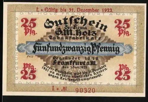 Notgeld Frankfurt 1921, 25 Pfennig, Gutschein der Firma G.M. Holz Tabakfabrikate, Golem-Motiv