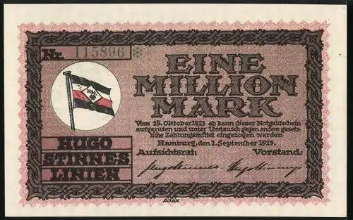 Notgeld Hamburg 1923, 1 Million Mark, Hugo Stinnes Linien, Flagge und Signaturen