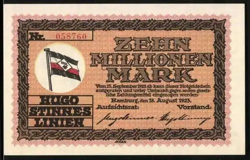 Notgeld Hamburg 1923, 10 Millionen Mark, Hugo Stinnes Linien mit Firmenflagge und Unterschriften