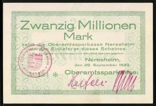 Notgeld Neresheim 1923, Zwanzig Millionen Mark, Vorderseite Text Rückseite Abtei und Stadt um 1600