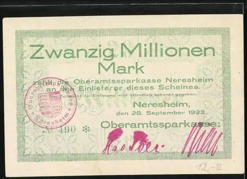 Notgeld Neresheim 1923, Zwanzig Millionen Mark, Abtei und Stadt um 1600