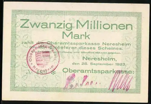 Notgeld Neresheim 1923, 20 Millionen Mark, Vorderseite Text und Rückseite Stadtansicht um 1600