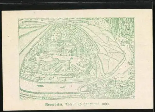 Notgeld Neresheim 1923, 20 Millionen Mark, Vorderseite Text und Rückseite Stadtansicht um 1600