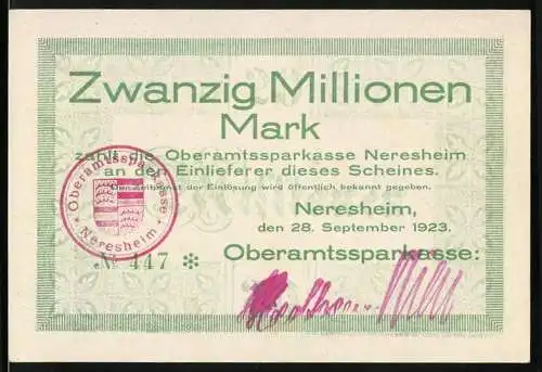 Notgeld Neresheim 1923, Zwanzig Millionen Mark, Oberamtssparkasse mit Abbildung der Abtei und Stadt um 1600