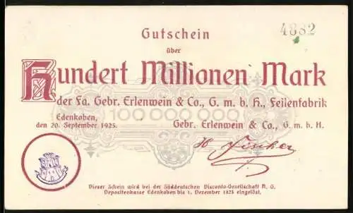 Notgeld Edenkoben 1923, 100 Millionen Mark, Gutschein der Fa. Gebr. Erlenwein & Co., Seifenfabrik