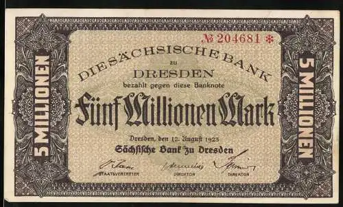 Notgeld Dresden 1923, 5 Millionen Mark, Sächsische Bank, Seriennummer 204681, kunstvolle Verzierung