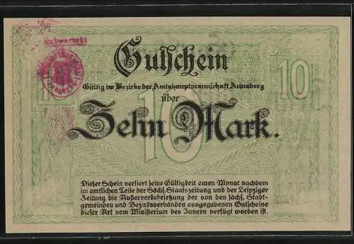 Notgeld Annaberg 1918, 10 Mark, Gutschein gültig im Bezirke der Amtshauptmannschaft Annaberg, grün mit Stadtansicht