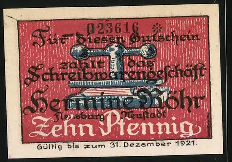 Notgeld Flensburg 1921, 10 Pfennig, Gutschein der Adler-Drogerie Otto Röhr und Schreibwarengeschäft Hermine Röhr