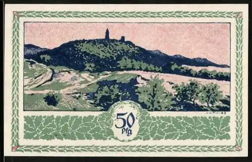 Notgeld Berlin 1921, 50 Pfennig, Deutscher Reichskriegerbund Kyffhäuser, Serie E, Landschaft mit Burgruine