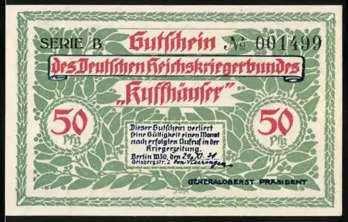 Notgeld Berlin 1921, 50 Pfennig, Gutschein des Deutschen Reichskriegerbundes, Serie B, Kyffhäuser-Denkmal Abbildung