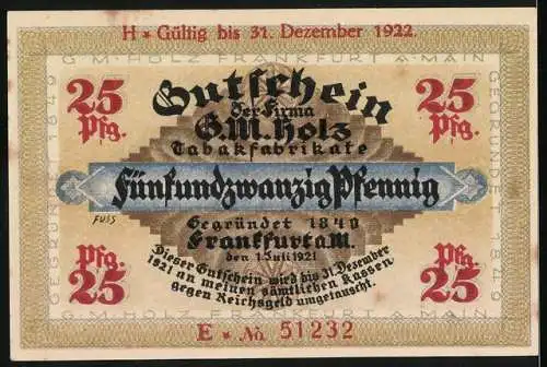 Notgeld Frankfurt am Main 1921, 25 Pfennig, Gutschein G.M. Holz Tabakfabrikate, Wolfskopf und Stadtansicht