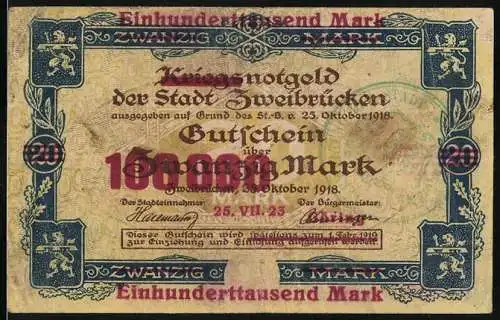 Notgeld Zweibrücken, 1918, 20 Mark überstempelt zu 100.000 Mark, Stadtansicht und Wappen