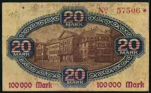 Notgeld Zweibrücken, 1918, 20 Mark überstempelt zu 100.000 Mark, Stadtansicht und Wappen