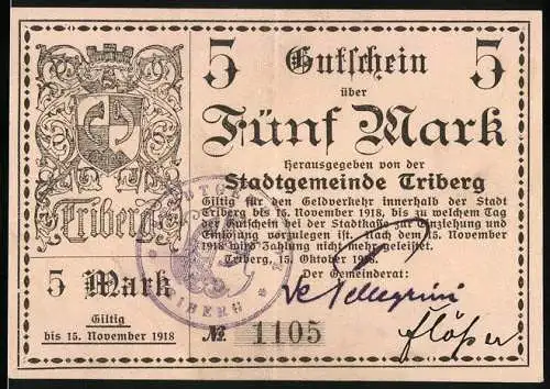 Notgeld Triberg, 1918, 5 Mark, Gutschein über Fünf Mark der Stadtgemeinde Triberg mit Wappen und Unterschriften