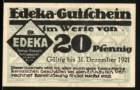 Notgeld Berlin 1921, 20 Pfennig, Edeka-Gutschein gültig bis 31. Dezember 1921