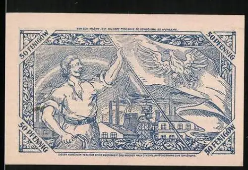 Notgeld Tychy (Tichau) 1921, 50 Pfennig, Aufstand am 3. Mai 1921, Arbeiter mit Fahne und Adler