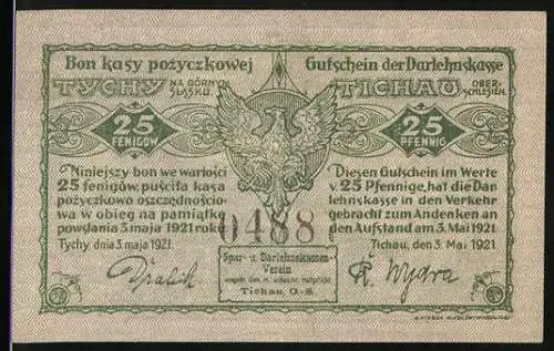 Notgeld Tychy 1921, 25 Pfennig, mit Adler und Arbeiter mit Fahne