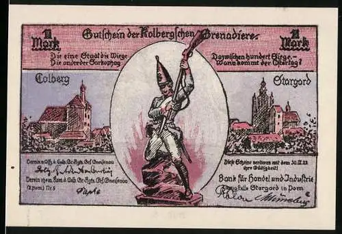 Notgeld Stargard, 1 Mark, Darstellung eines Soldaten und Blücherplatz mit Gneisenau, Kolbergsche Grenadiere