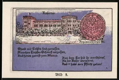 Notgeld Stargard 1921, 1 Mark, Kaserne und Soldat mit Gewehr, Stadtansichten Kolberg & Stargard, Kolbergsche Grenadiere