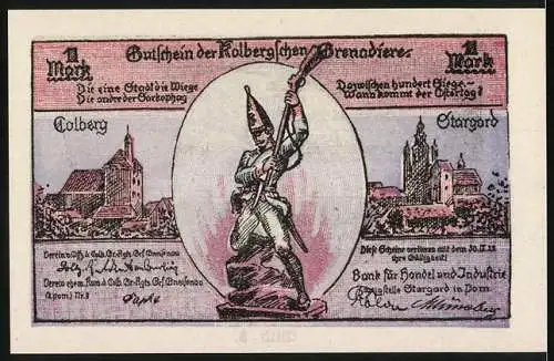 Notgeld Stargard 1921, 1 Mark, Kaserne und Soldat mit Gewehr, Stadtansichten Kolberg & Stargard, Kolbergsche Grenadiere