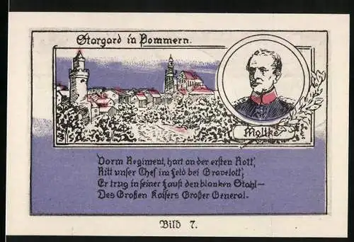 Notgeld Stargard in Pommern, 1 Mark, Gutschein der Kolberg`schen Grenadiere mit Stadtansicht und General Moltke