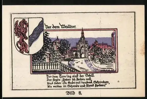 Notgeld Stargard, 1 Mark, Gutschein der Kolberg`schen Grenadiere, Bild 8 mit Soldat und Stadtansicht