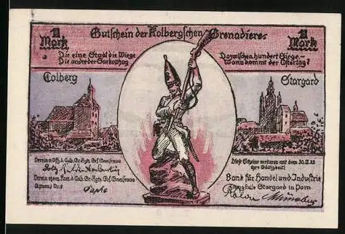 Notgeld Stargard, 1 Mark, Gutschein der Kolbergschen Grenadiere mit Stadtansichten von Kolberg und Stargard