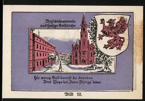 Notgeld Stargard 1922, 1 Mark, Bezirkskommando und heilige Geistkirche, Kolbergsche Grenadiere