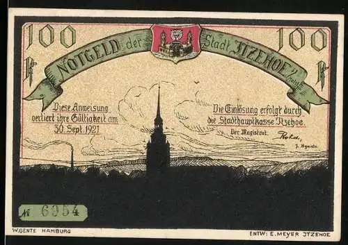 Notgeld Itzehoe, 1921, 100 Pf, Vorderseite zeigt Stadtansicht bei Nacht und Rückseite Bildnis von Johann Hinrich Fehrs