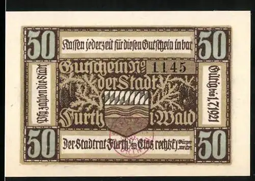 Notgeld Furth im Wald 1921, 50 Pfennig, Stadtwappen und Ritter auf der Vorder- und Rückseite