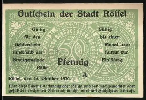 Notgeld Rössel 1920, 50 Pfennig, Gutschein der Stadt Rössel mit grünem Muster und Landschaftszene