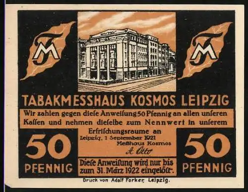 Notgeld Leipzig 1921, 50 Pfennig, Tabakmesshaus Kosmos Leipzig, Gebäudeansicht und künstlerisches Design