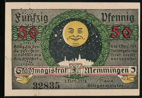 Notgeld Memmingen 1918, 50 Pfennig, Stadtmagistrat und Rathaus, Kriegszeit-Design, Perforation Ungültig