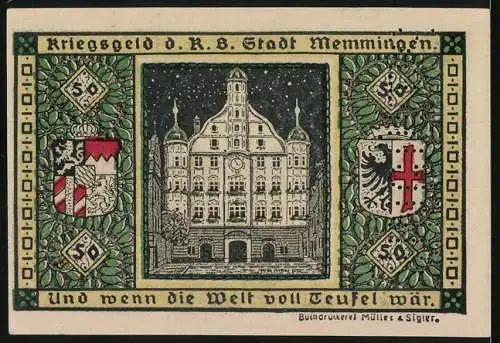 Notgeld Memmingen 1918, 50 Pfennig, Stadtmagistrat und Rathaus, Kriegszeit-Design, Perforation Ungültig