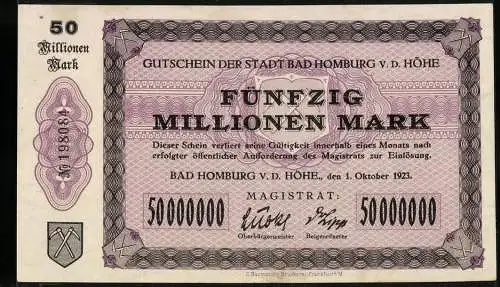 Notgeld Bad Homburg v. d. Höhe, 1923, 50 Millionen Mark, Gutschein der Stadt, lila Design mit Unterschriften
