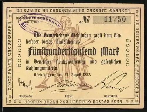 Notgeld Riedlingen 1923, 500000 Mark, Gewerbeverband mit Stempel und Unterschriften