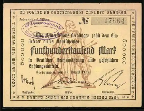 Notgeld Riedlingen 1923, 500000 Mark, Deutscher Reichswährung, Nr. 17664, Text und Stempel, Rückseite leer