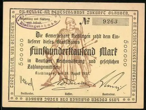 Notgeld Riedlingen 1923, 500000 Mark, Gewerbebank Riedlingen Banknote mit Ritterabbildung und Unterschriften