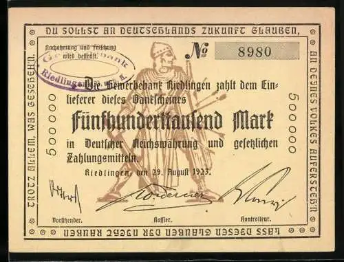 Notgeld Riedlingen 1923, 500000 Mark, Gewerbeverband Besiegelt 29. August 1923, Seriennummer 8980