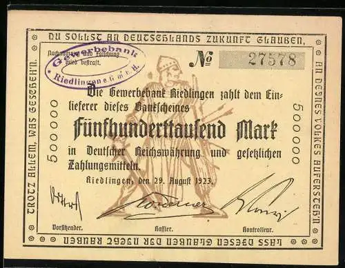 Notgeld Riedlingen 1923, 500000 Mark, Gewerbebank Notgeldschein mit Siegel und Unterschriften