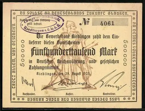 Notgeld Riedlingen 1923, 500000 Mark, Gewerbebank Riedlingen mit Unterschriften und Stempel, Seriennummer 4061