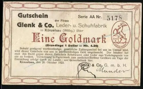 Notgeld Künzelsau 1923, 1 Goldmark, Gutschein der Firma Glenk & Co. Leder- u. Schuhfabrik, Serie AA Nr. 5178